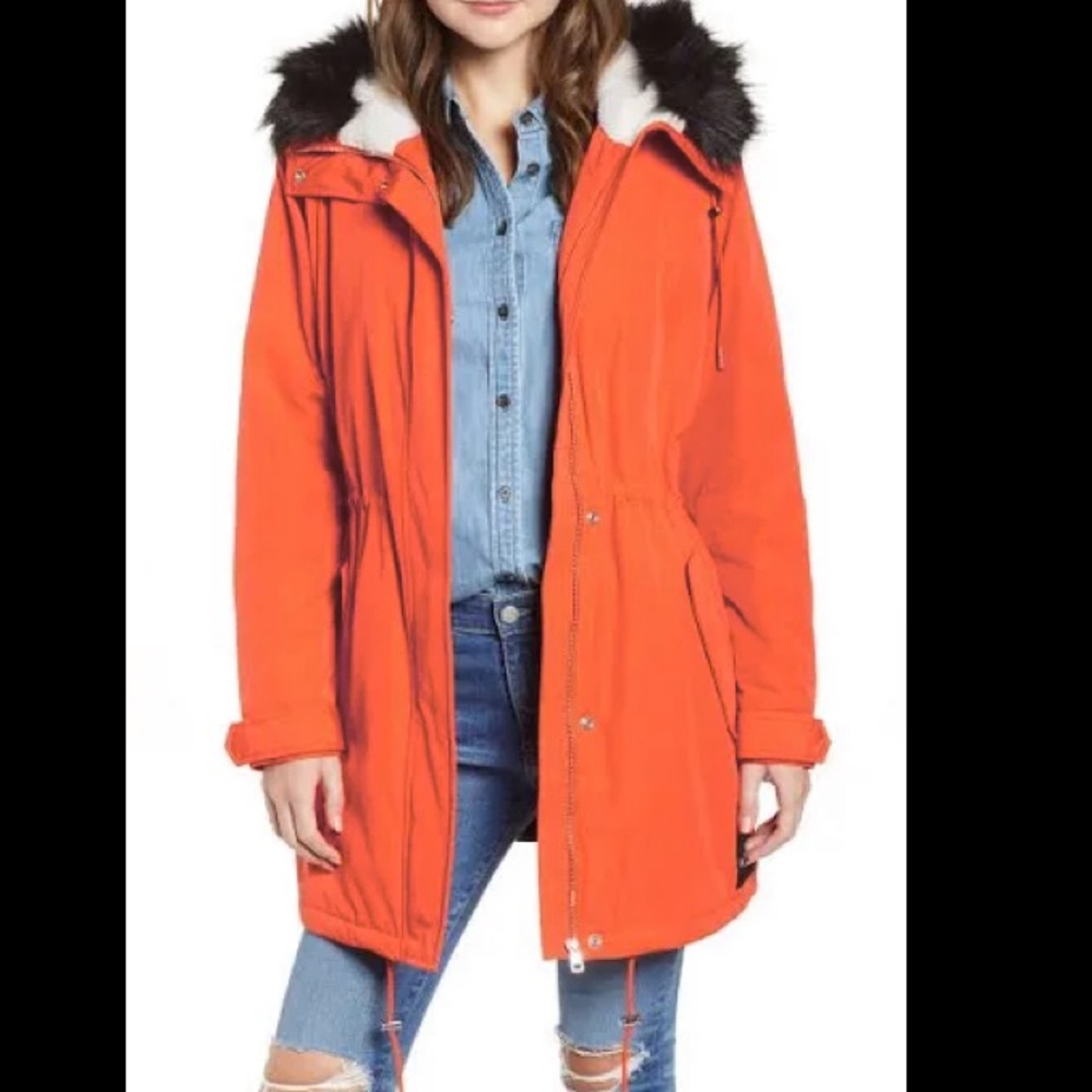 Calvin Klein Jeans Bright Orange Ski Parka with Faux-Fur Trim